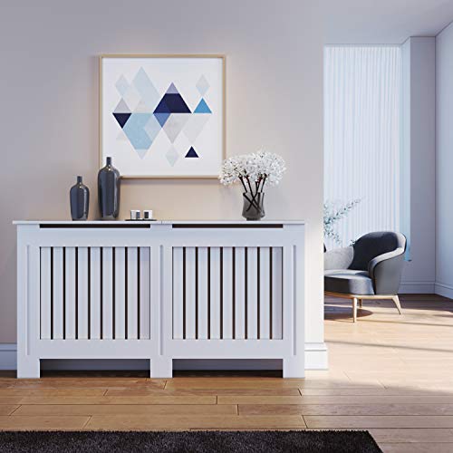 SONNI Cubierta de Radiador Blanco Moderno,Madera,Listón Vertical,Cubre de Calefacción Grande 152x19x81.5cm