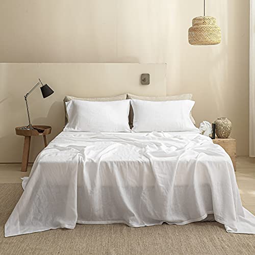 Simple&Opulence 100% Linen Sheet Set 4pcs Basic Style, Deep Pocket, Natural French Washed Flax Solid Color Soft Breathable Bed Sheets - White, California King