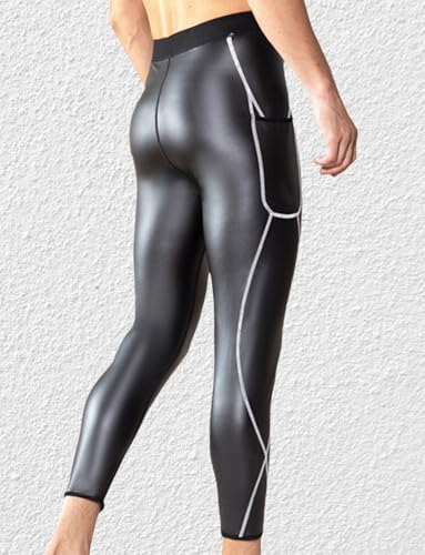 Ausing Leder Hosen Enge Herren Shapewear Leggings Elastisch Biker Hose PU Leder Sporthose Herren Laufhose Lang Wetlook Nachtclub Bar Kleidung Clubwear Schwarz 3XL