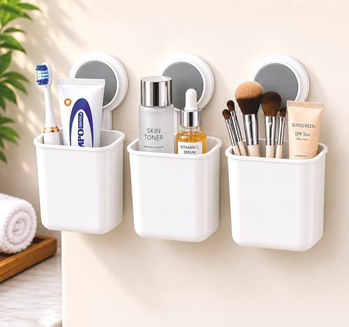 Image of JIALTO Wall Mounted Toothbrush Holder for Bathroom, Abs Plastic Toothbrush Stand & Toothpaste Holder, Self Adhesive Bathroom Organizer, Toothbrush Storage Rack, Pack of 3