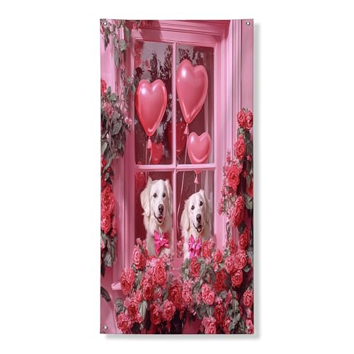 Cubierta para puerta exterior de perro de los Grandes Pirineos para el día de San Valentín, 36 x 72 pulgadas, ventana, pareja, cachorro, casa, puerta delantera, puerta trasera, decoración de entrada