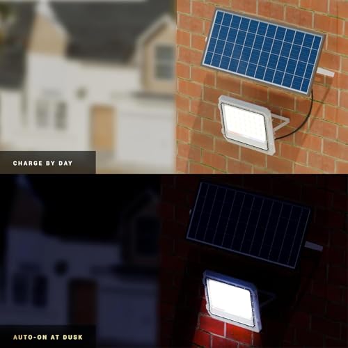 Image of Dylect Luxe Solar Flood Light - Powerful Bright 60W to 90W for Outdoor Garden, Home, Retail Shop, Parking | Long 10Hr Runtime with Unique Hazard Light & Remote, IP65 Waterproof, 6000K Cool White