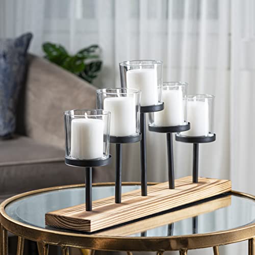 Elegant Decorative Votive Candle Holder Centerpiece, 5 Glass Votive Cups On Wood Base/Tray For Wedding, Dining Table Centerpiece, Decorations Living Room, Decor Coffee Table Centerpiece, Birthday Gift #TOP4