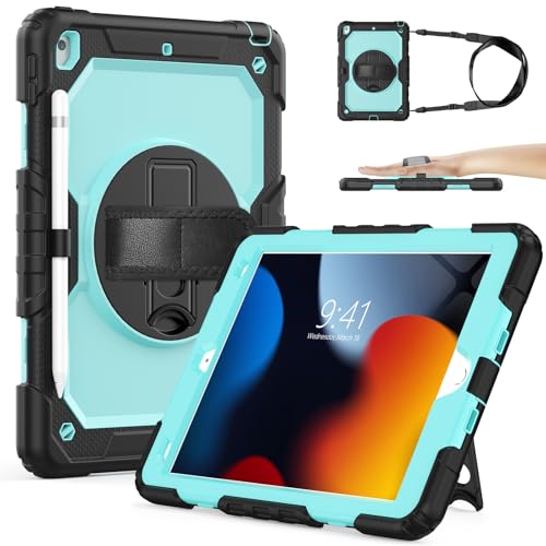 SIBEITU Case Compatible with iPad 9th/8th/7th Generation with Screen Protector Pen Holder, iPad Case 10.2 Inch, Heavy Duty Protection Cover W/Stand Hand Shoulder Strap for iPad A2602 A2197