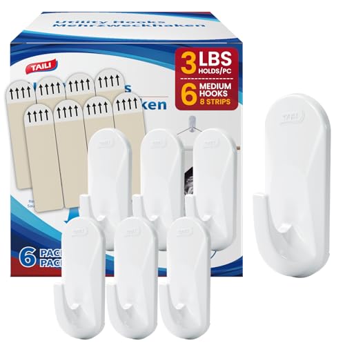 Image of TAILI Hooks for Hanging,6 Sticky Hooks & 8 Adhesive Strips Holds up 3 lb | White Utility Hooks for Painted Wall, No Damage Heavy Duty, Removable & Reusable for Door, Dorm, Clothes, Kitchen