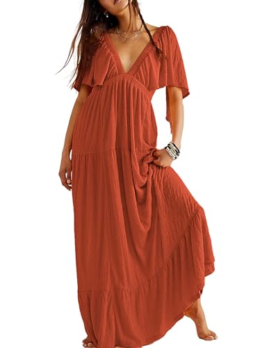 Kikibell Summer Deep V Neck Dress for Women Maxi Dress with Sleeves Family Photoshoot Dress for Women Orange Red XS