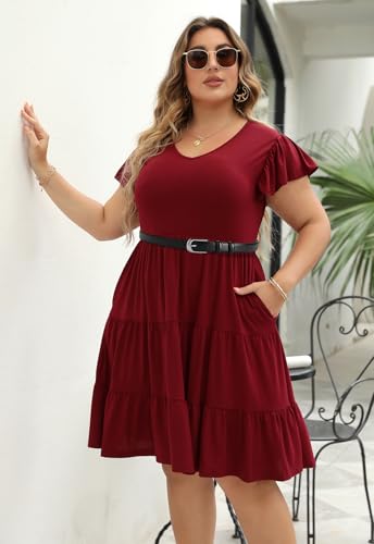 Image of Celkuser Womens Plus Size Summer Casual Midi Dress Short Ruffle Sleeve Tiered Empire Waist T-Shirt Dress with Pockets