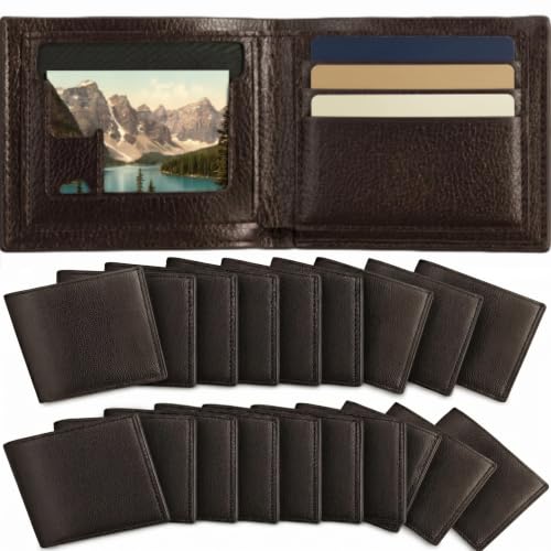 SilTriangle 24 Pcs Mens Bulk Gifts Leather Photo Wallet Slim Bifold Fathers Day Thank You Gifts for Employees Coworkers(Brown)