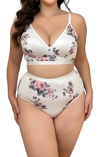 Women's Plus Size 2 Piece Lingerie Set Floral Sexy V Neck 3/4 Cup Bra High Waist Panty Matching Sets Underwear