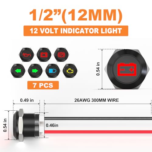 GASHER Pacote com 7 luzes indicadoras LED de 12 V, luz indicadora de painel piloto de 12 volts, luz