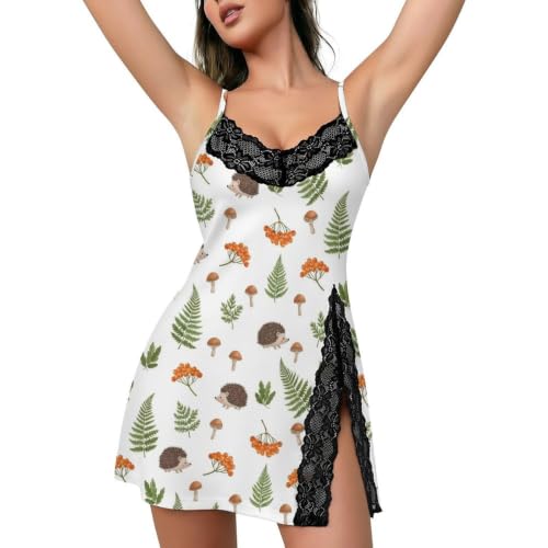 SESLFLKPJK 4-Way Stretch Women Girls Lace Trim Hedgehog Nightgown