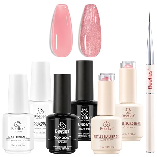 Beetles Builder Gel Set with Nail Dehydrator and Primer Base Top Coat Rosy Dew-Pink & Glitter Pink for Nails Extension & Apex Strengthening Thickening Weak Nails DIY UV Nail at Home for Beginners