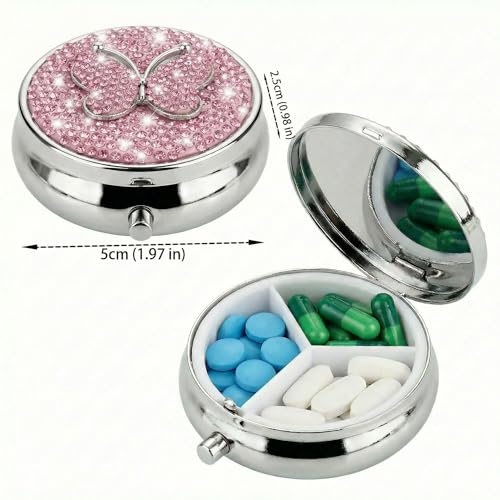 Image of Medicine Organizer Box Butterfly Pocket Pharmacy Bling Travel Pill Case Box for Purse Mini Pill Holder Organizer Small Pills Container for Vitamin(Pink)