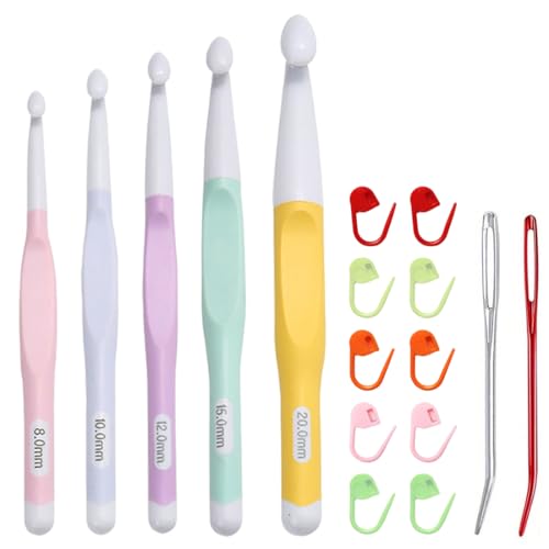 RDNKVB Crochets de Taille 8 mm, 10 mm, 12 mm, 15 mm, 20 mm - Lot de 17 Grands Crochets avec Aiguilles et marqueurs de Maille