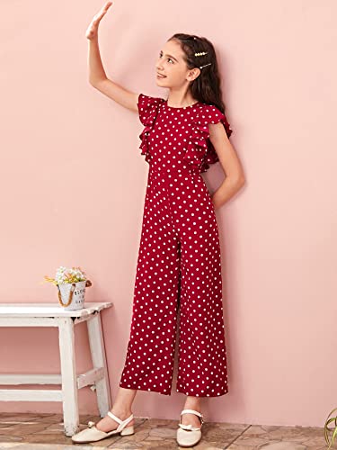 Wdirara Girl's Polka Dots Ruffle Trim Cap Sleeve Round Neck Wide Leg Jumpsuit Burgundy 11-12Y #TOP2