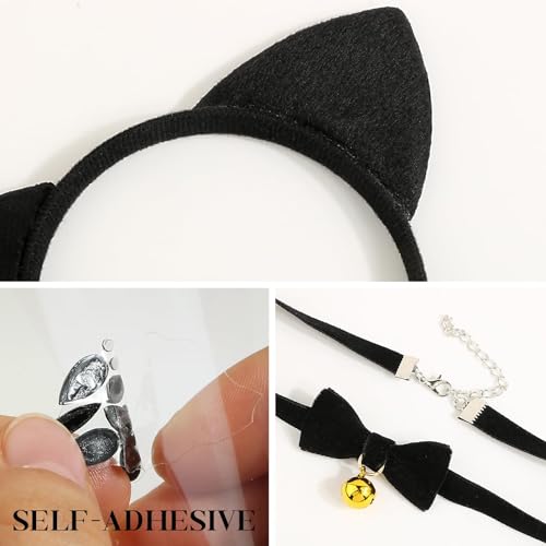 BOFUNX Katzen Kostüm Accessoires, Katzenohren Haarreif + Katzen Gesicht Sticker + Schleife Halsband für Karneval Damen Katzenkostüm