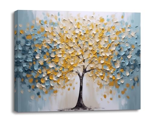 PIY PAINTING Arte Murale Su Tela, Stampe Su Tela Con Albero, Acquarellata, Quadro Da Parete Blue Gialla Per Soggiorno Ufficio Ingresso Corridoio Cucina, 30x40 cm