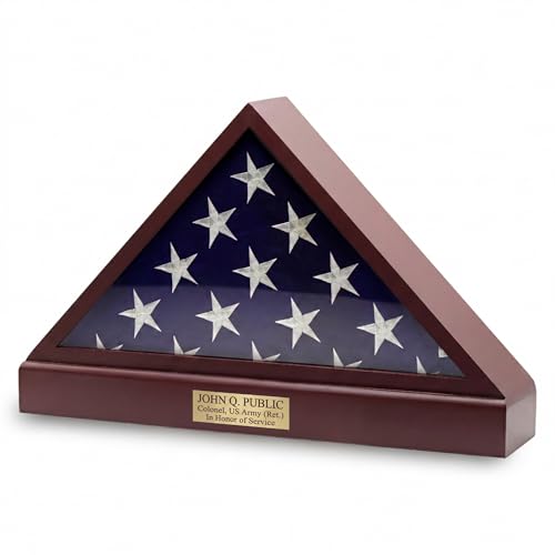 DECOMIL Burial Flag Display Case Personalized 5x9 Flag Display Stand with Pedestal Flag Case for Funeral Flag Solid Wood Cherry Finish Flag Case with Name Plate