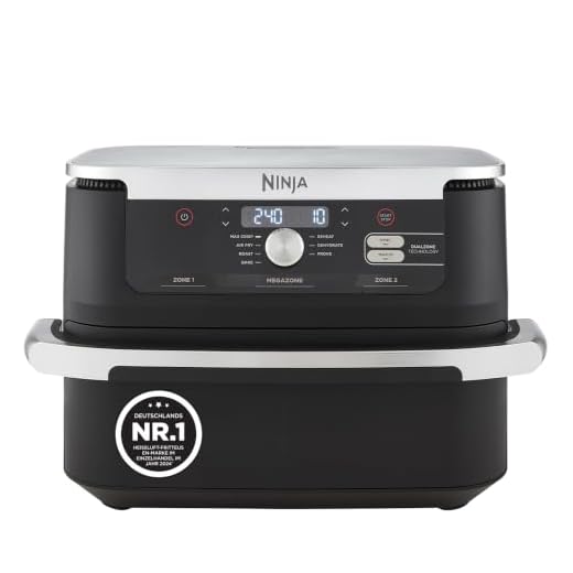 Ninja Foodi FlexDrawer Heißluftfritteuse, Dual Zone, verwandelt sich in MegaZone, 10,4 L, 7-in-1, Dual Zone, mit wenig bis gar kein Öl, antihaftbeschichtete, spülmaschinenfeste Teile, Schwarz AF500EU