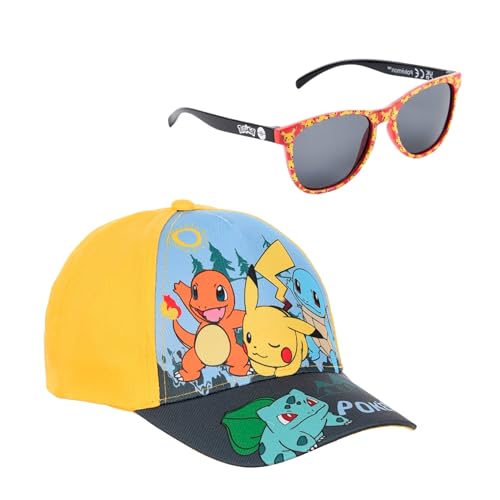 Pokemon Baseball Cap inkl. Sonnenbrille, Kappe Schirmmütze für Kinder Jungen Cappy mit Klettverschluss, verstellbar, Gr. 52 54 Sonnenschutz (DE/NL/SE/PL, Numerisch, 54, Gelb)