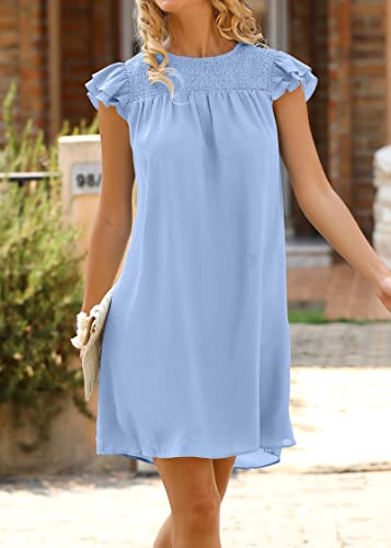 Image of KIRUNDO Wedding Guest Shift Dresses for Women Short Spring Summer Ruffle Cap Sleeve Chiffon Babydoll Flowy Mini Sundress