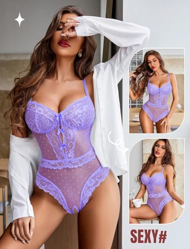 Image of Avidlove Women Sexy Lingerie Sheer Lace Bodysuit V Neck Teddy Lingerie One Piece Mini Babydoll