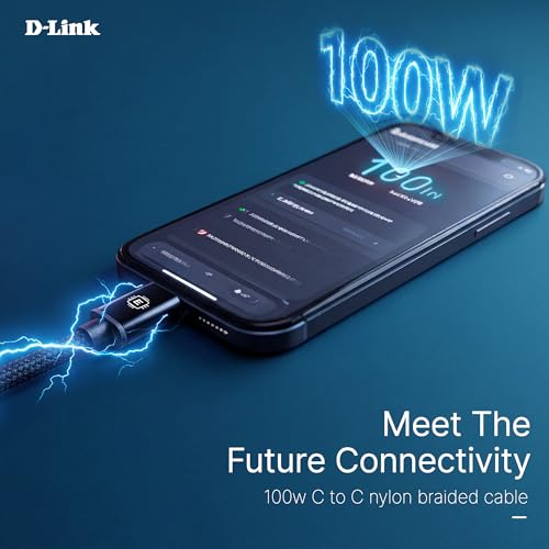 Image of D-Link DPA-FC501 Type-C to Type-C Fast Charging Cable 1.5M Braided 5.0A (100W) Output E-Marker Chip Nylon Tangle-Free Metal Connector High-Speed 480 Mbps Data Transfer Black