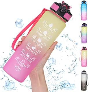 Water Bottle 1000ml with Motivational Time Marker & Straw,1 Litre BPA Free Leakproof Drink Bottles for Outdoor,Cycling,Gym,School Camping(Yellow Pink)