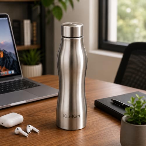 Image of Kin-Kart Water Bottles 1000 ml Stainless Steel Water Bottle 1 Litre | Eco friendly Steel BPA Free Leakproof Water Bottles for School, Office, Home, Gym (CURVES, SILVER)