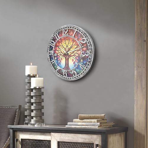 WANGIRO 12" Round Tree of Life Wall Clock Silent Non-Ticking Antique Silver - Image 5