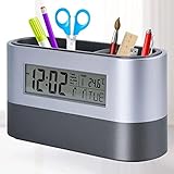 Soporte para bolígrafo, innovador organizador de bolígrafos para escritorio, reloj electrónico LCD, reloj de calendario perpetuo, reloj digital multifuncional, visualización de temperatura, hora/fecha
