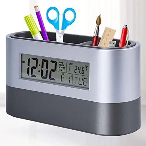 Pen Holder, Innovative Alarm Clock Pen Organizer for Desk, LCD Electronic Clock, Perpetual Calendar Clock, Multifunctional Digital Bedside Clock, Display Temperature/Time/Date