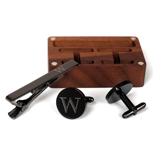 Image of Mens Initial Cufflinks and Tie Clip A-Z Alphabet Letter Black Stainless Cuff Links Tie Bar with Engraved Walnut Wood Box Groom Groomsman Wedding Set