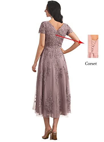 Women's Lace Applique Mother of The Bride Dresses for Wedding with Sleeves Tea Length Tulle Formal Gown2