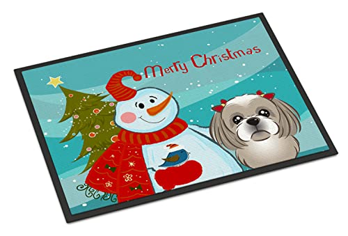 Caroline's Treasures BB1870JMAT Snowman with Gray Silver Shih Tzu Doormat 24x36 Front Door Mat Indoor Outdoor Rugs for Entryway, Non Slip Washable Low Pile, 24H X 36W