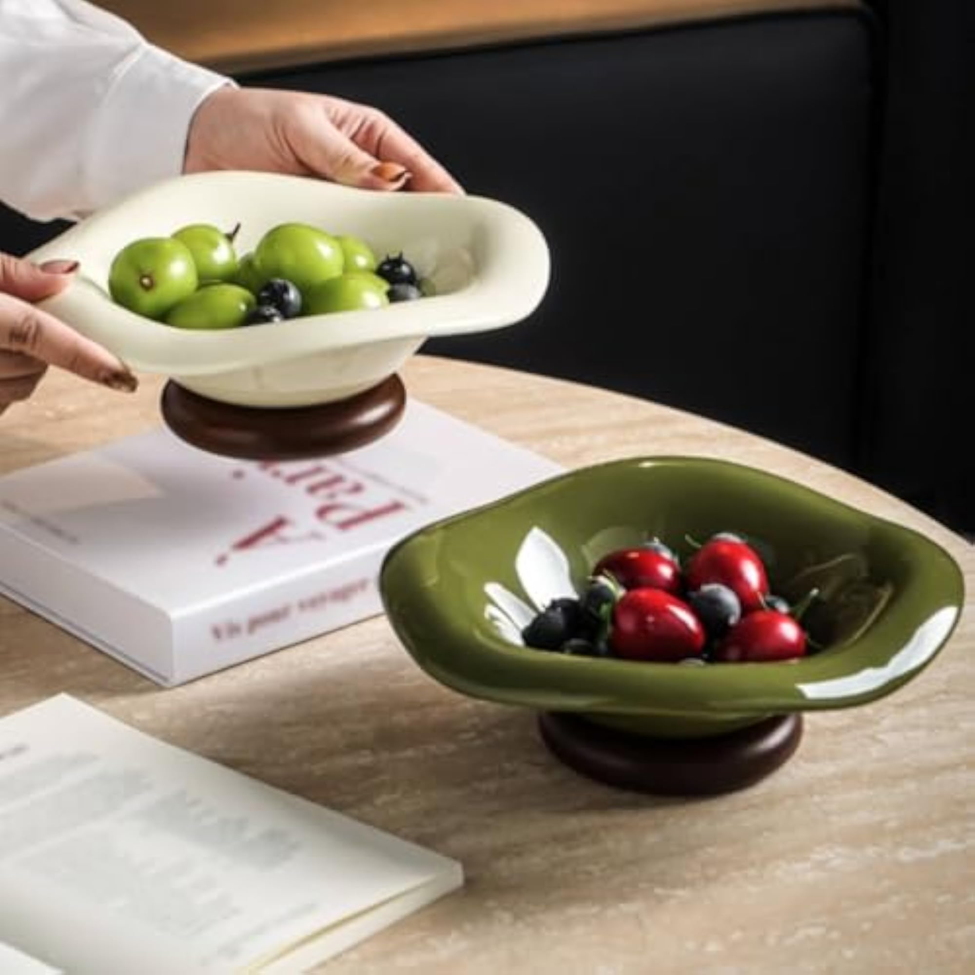 Lotus Leaf Design Ceramic Fruit Tray with Wood Base