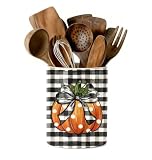 ARTDMT Fall Kitchen Utensil Holder, Pumpkin Buffalo Check Ceramic Utensil Holder , Cooking Utensil Crocks for Kitchen Countertop, Kitchen Decorations Rustic Farmhouse Decor
