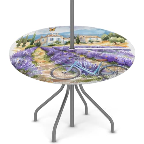 Tablerazzi Lavender Field Round Outdoor Tablecloth with Umbrella Hole and Zipper Flower Bike Fitted Tablecloth Wipeable Table Cloth Table Cover for Picnic Garden, 36''-44''