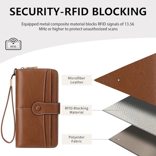 Image of Wristlet Women's Wallet Phone Purse RFID Blocking Large Capacity Card Holder Leather Brown
