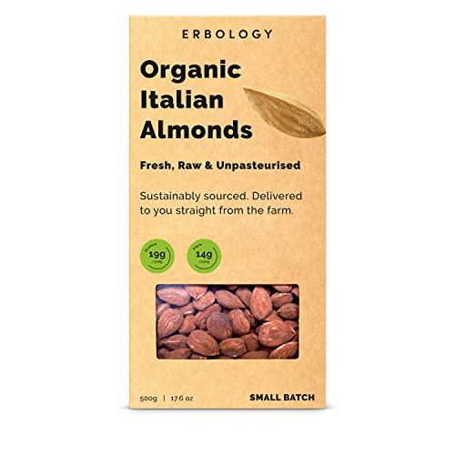 Erbology Organic Almonds 500g - Fresh, Raw and Unpasteurised - Small Batch - Sustainably Sourced Straight from Farm in Italy - GMO-Free - Recyclable Packaging