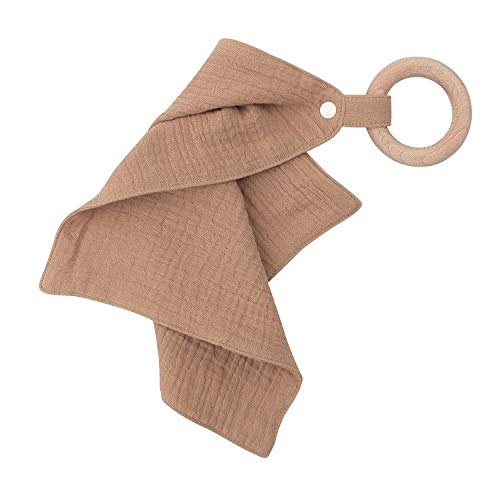 Baney Security Blanket Lovey | Muslin Cotton Organic Wood Ring | Soothing Blankie | Infant Baby Toddler Toy (Caramel)