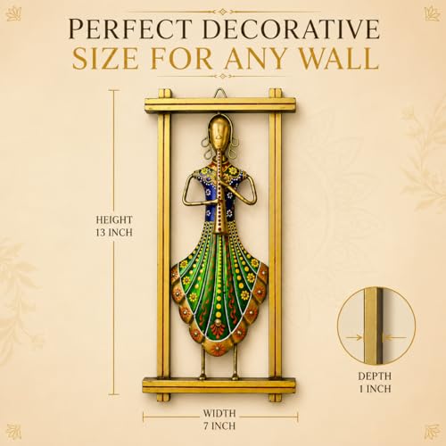 Image of iHandikart Handmade Metal Wall Art with Flute Player Design | Traditional Indian Musician Wall Hanging Decor | Hand-Painted Iron Wall Sculpture for Living Room & Bedroom Decoration | 13 x 7 Inch