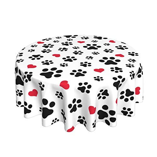 Dog Paw Print Animal Black Round Tablecloth Washable Red Love Heart Table Cloth Cover Indoor Outdoor For Dining For Home Party Picnic 70 Inch #TOP20