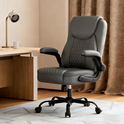 Image of GTPLAYER Leather Office Chair, Home Desk Chair with Flip-up Arms and Ergonomic Back - Comfy Heavy Duty Executive Chair for Home Office Gaming, Gray