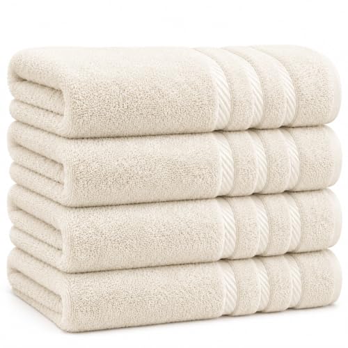 Bath Towels 27x54 Pack of 4 | Soft & Quick-Dry | Highly Absorbent 100% Ring Spun Cotton Towels for Bathroom Spa Home & Hotel Use (Ecru)
