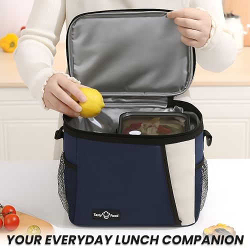 Image of OCEANEVO Insulated Lunch Bag with Luggage Tag, Tiffin Bag for Office with Handle and Shoulder Strap for Men and Women - 25 x 17.5 x 20 Cm - Navy Blue