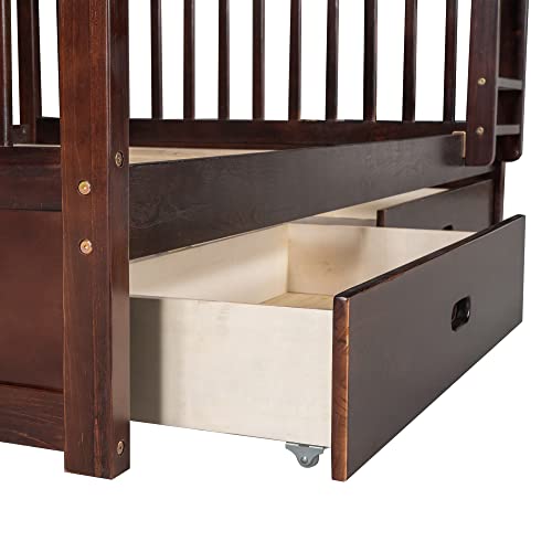 Full Over Full Bunk Beds With 2 Storage Drawers, Solid Wood Detachable Bunk Bed Frame With Ladders And Safety Rail For Kids, Teens, Adults #TOP7