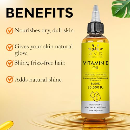 Image of AVD ORGANICS Vitamin E Oil for Skin - 100% Pure & Natural, 35,000 IU | Premium Grade, Cold-Pressed and Tocopherol Vit E Oil to Repair Dry, Damaged Skin| Moisturizing, Hair and Scalp 4.05 Fl Oz