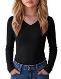 Demegimi Langarm T Shirt Mädchen V Ausschnitt Rippstrick Basic Top