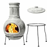 Grey Chimenea Outdoor Fireplace, Clay Chiminea with Lids and Metal Stands